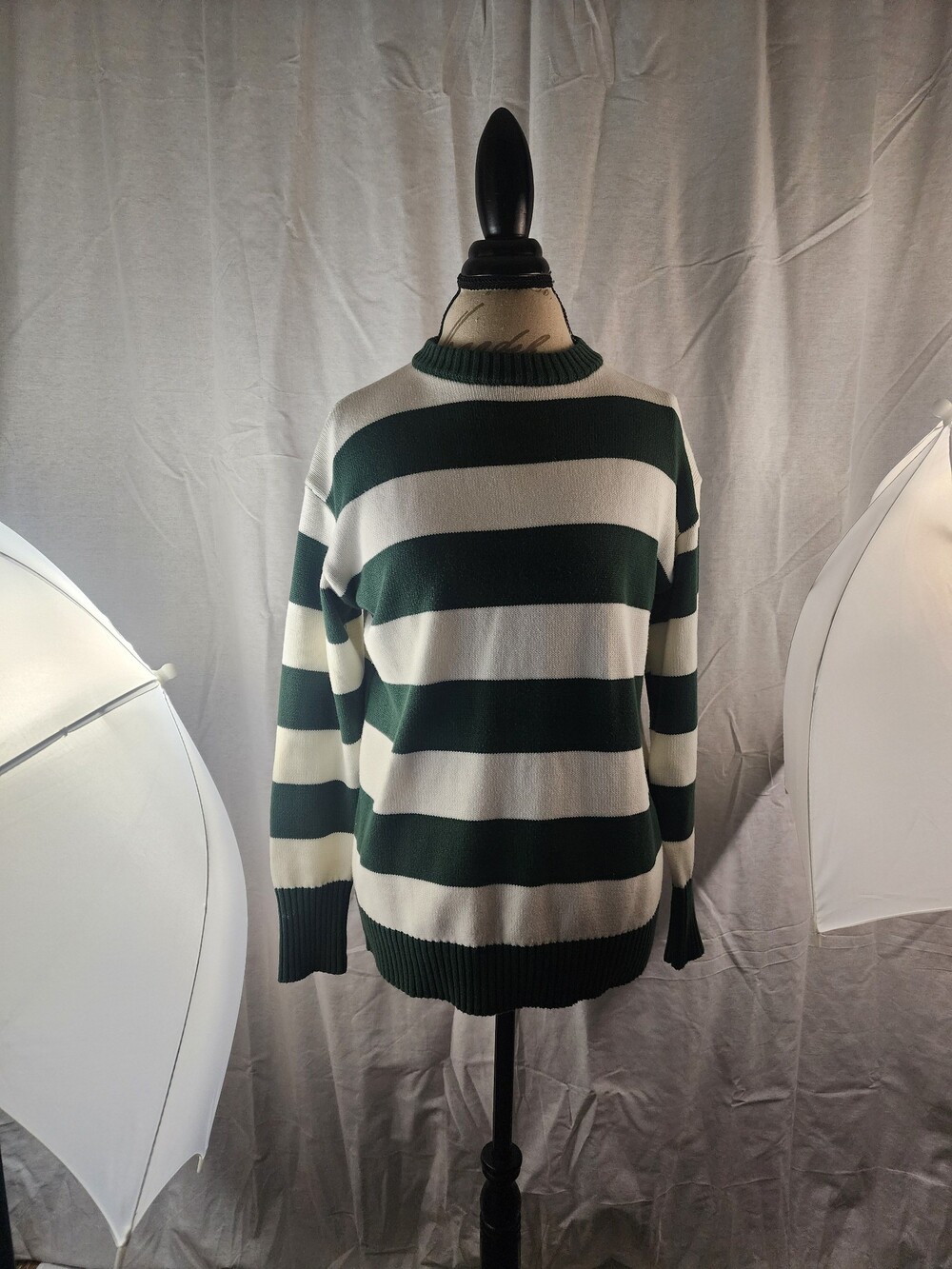 Orange Kiss Essentials Green & White Stripe Sweater Small Soft Knit